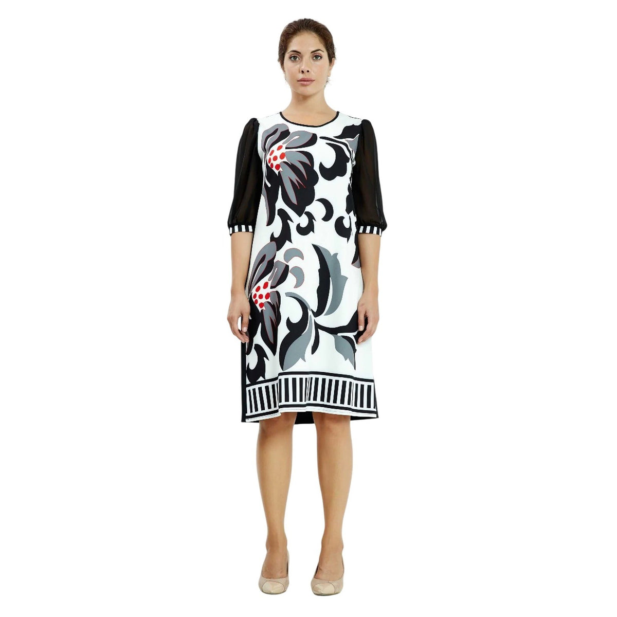 Black White Floral Sheer Puff Sleeve Lycra Midi Casual Dress