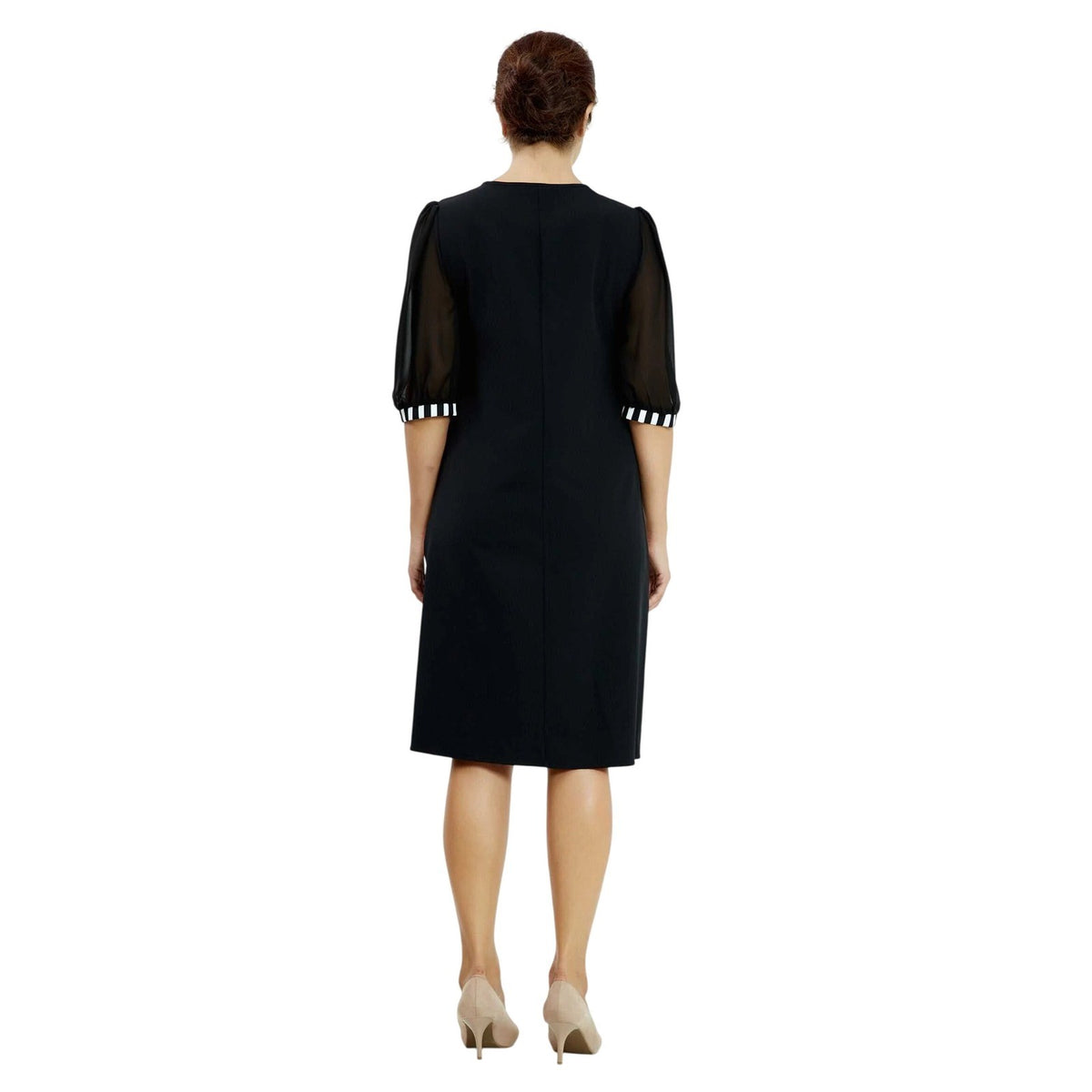 Black White Floral Sheer Puff Sleeve Lycra Midi Casual Dress