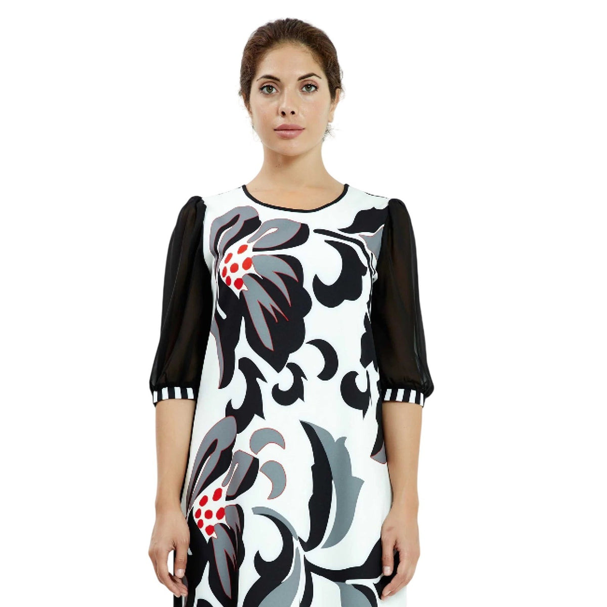 Black White Floral Sheer Puff Sleeve Lycra Midi Casual Dress