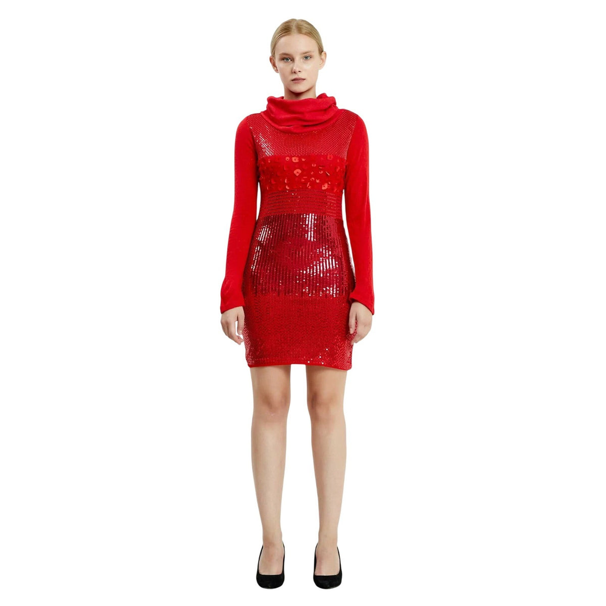 Red Sequin Cowl Neck Bodycon Dress Long Sleeve European Knitwear Mini