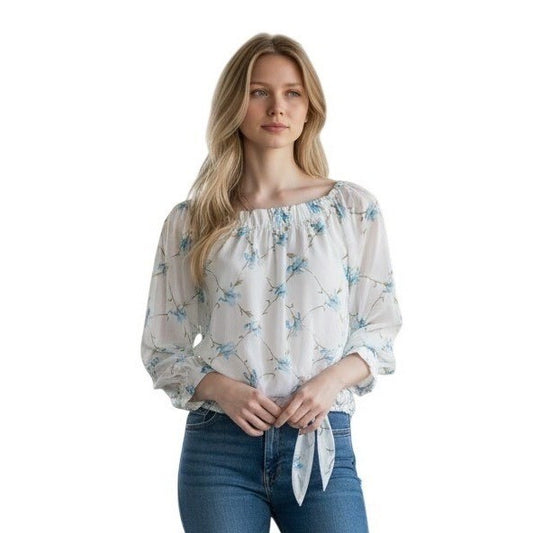 Vince Camuto XL Floral Off The Shoulder Blouse Ivory Blue Side Tie Chiffon Top