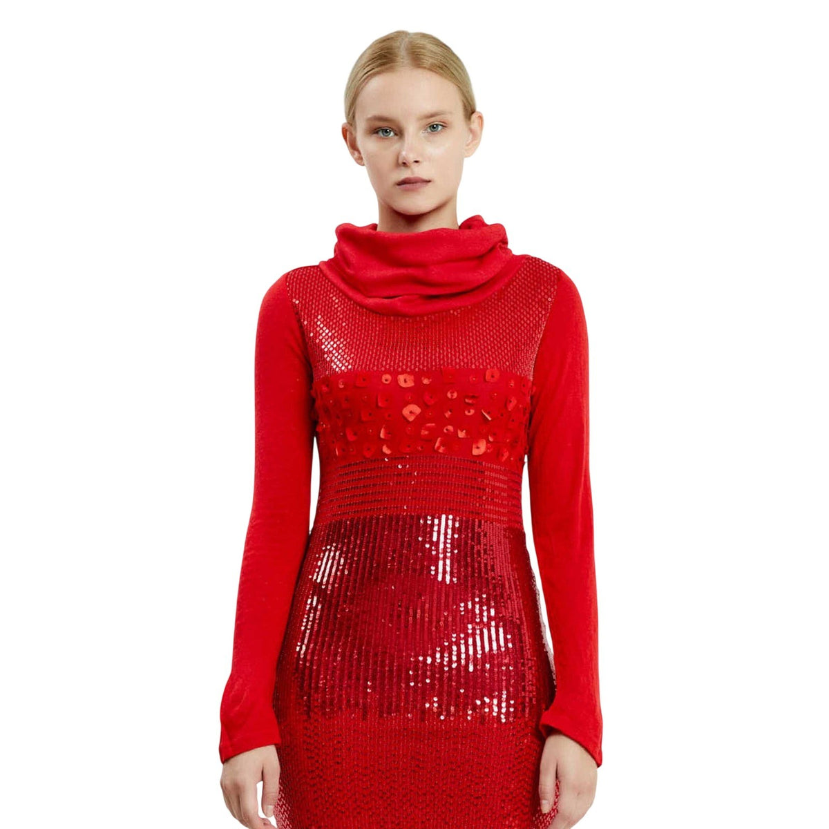 Red Sequin Cowl Neck Bodycon Dress Long Sleeve European Knitwear Mini