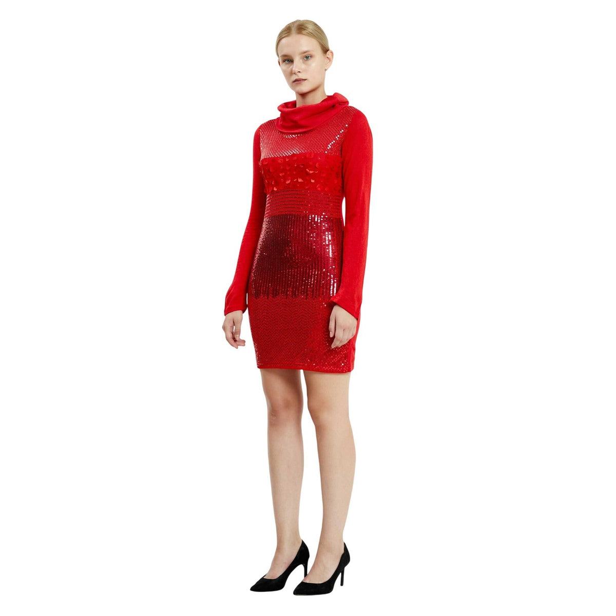 Red Sequin Cowl Neck Bodycon Dress Long Sleeve European Knitwear Mini