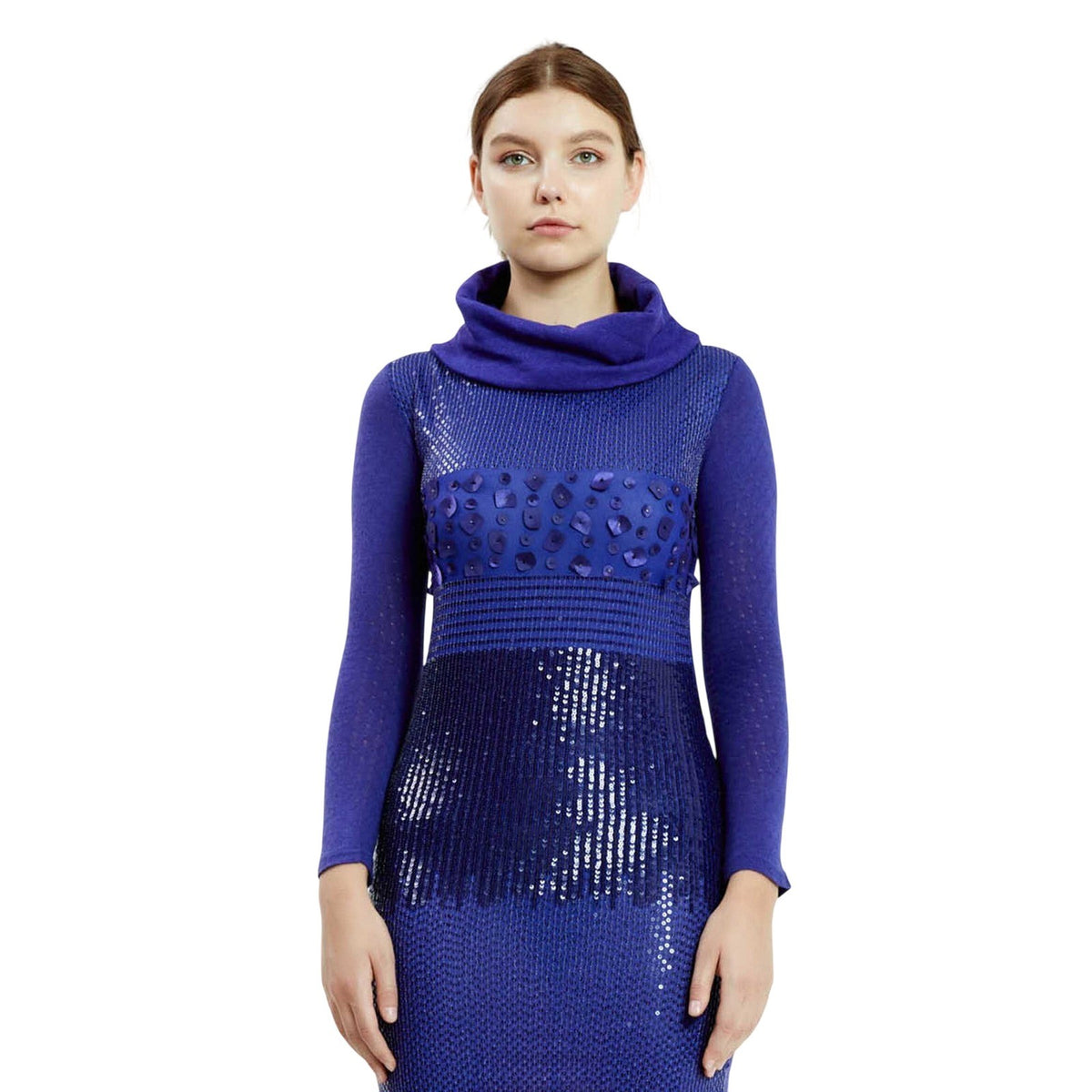 Purple Sequin Knitwear Bodycon Mini Dress Cowl Neck Long Sleeve