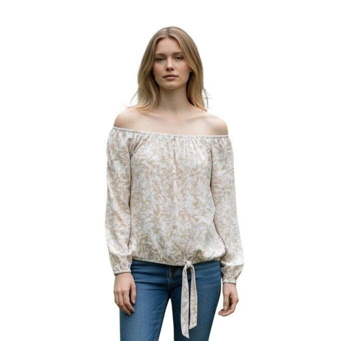 Vince Camuto Women Tan White Leaf Print Off Shoulder Blouson Tie Hem Blouse M