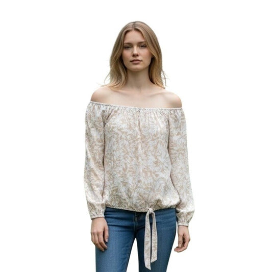 Vince Camuto Women Tan White Leaf Print Off Shoulder Blouson Tie Hem Blouse M