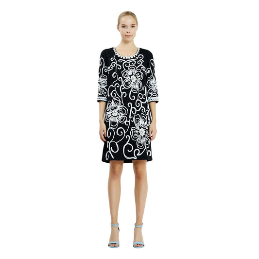 Floral Embroidered Crepe Shift Dress Black White 3/4 Sleeve Occasion Wear