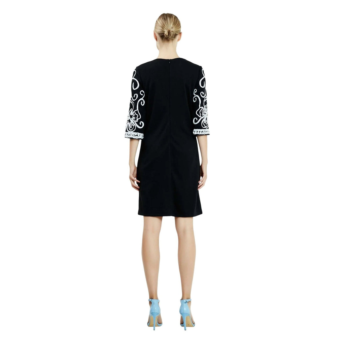 Floral Embroidered Crepe Shift Dress Black White 3/4 Sleeve Occasion Wear