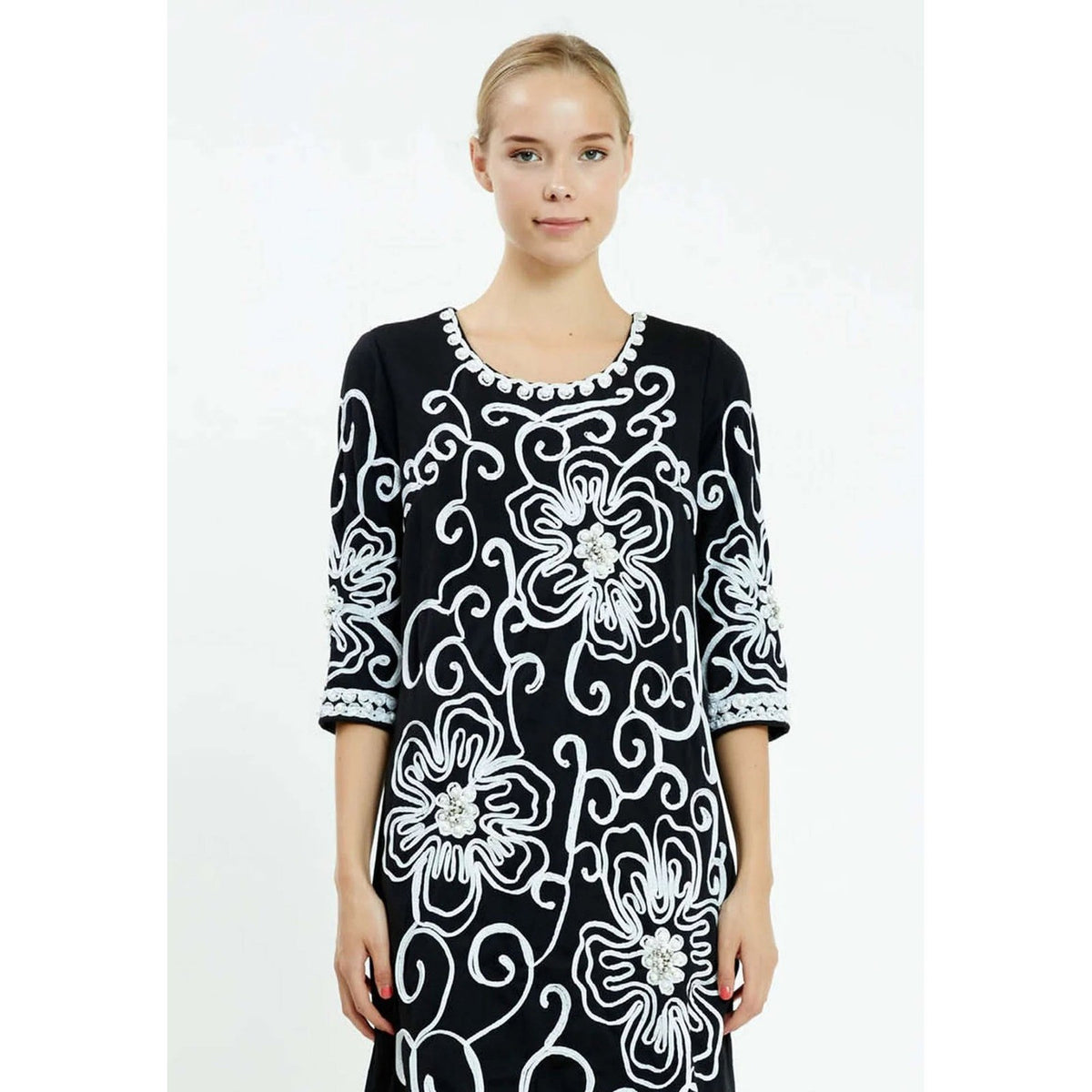 Floral Embroidered Crepe Shift Dress Black White 3/4 Sleeve Occasion Wear