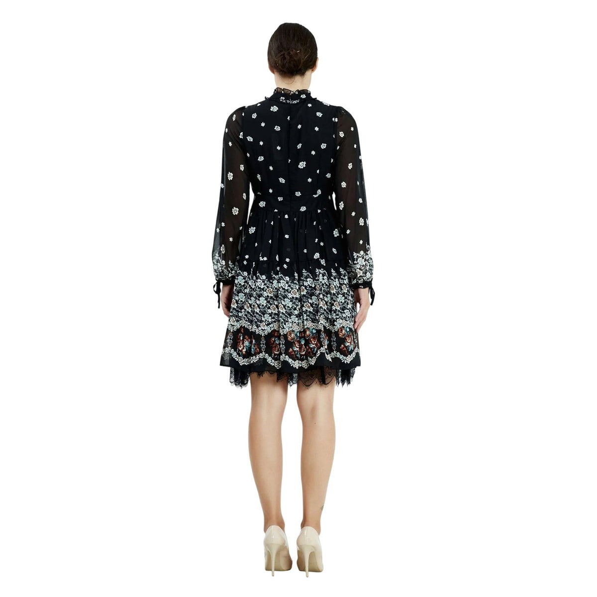 European Floral Chiffon A-Line Dress Black Ruffle Lace Trim Long Sleeve