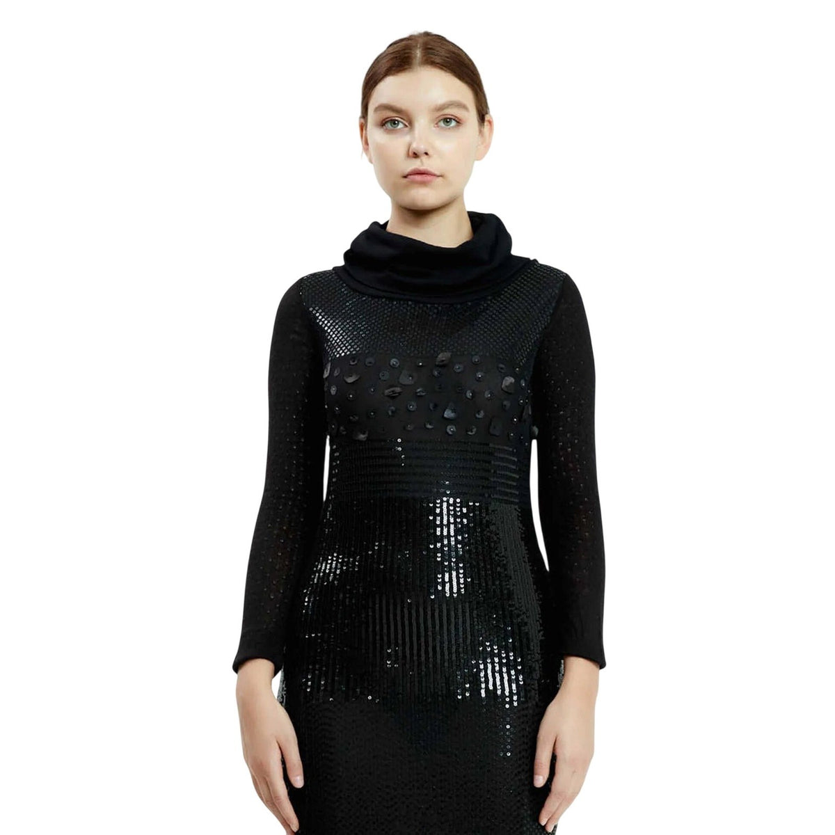 Black Sequin Cowl Neck Long Sleeve Mini Dress Embellished