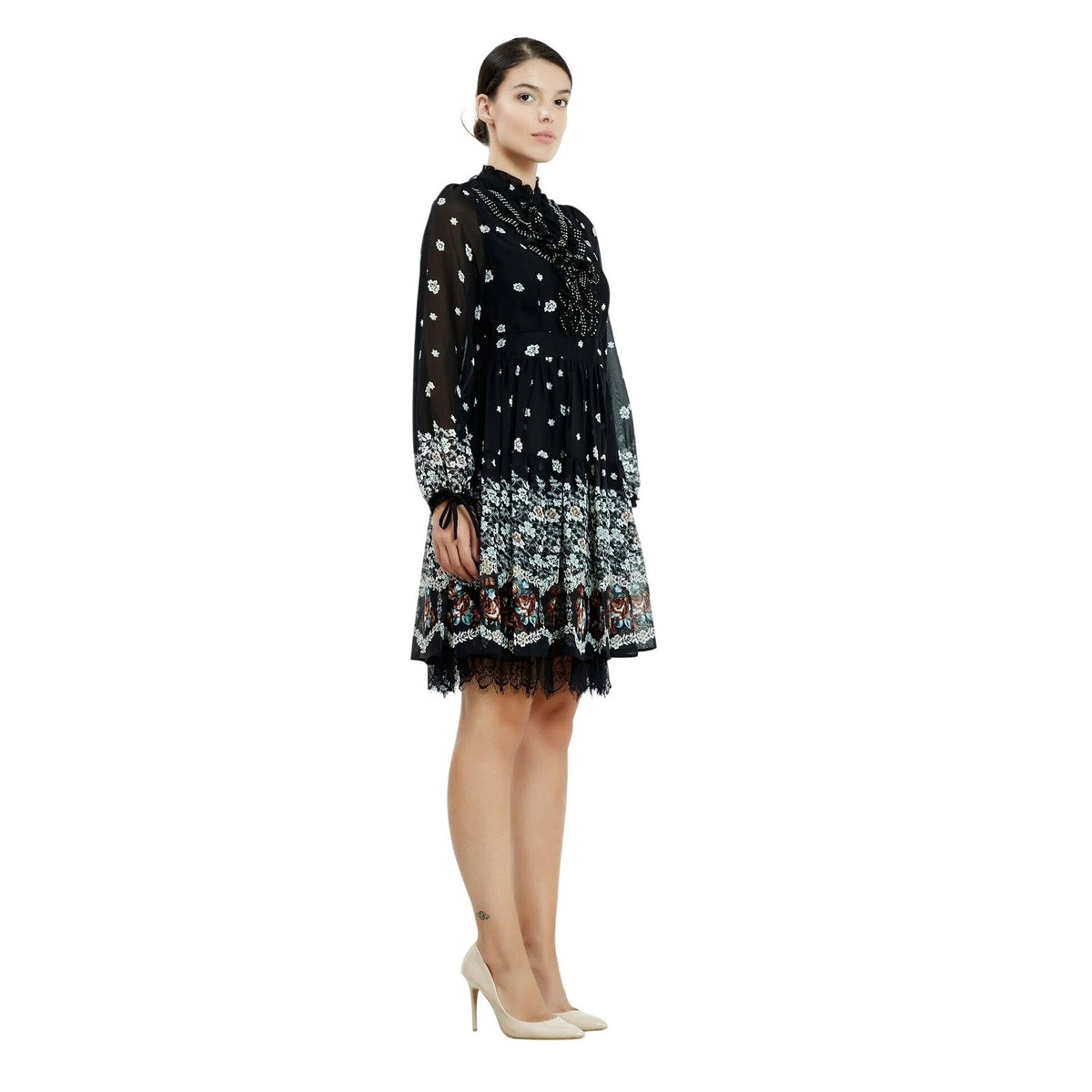 European Floral Chiffon A-Line Dress Black Ruffle Lace Trim Long Sleeve