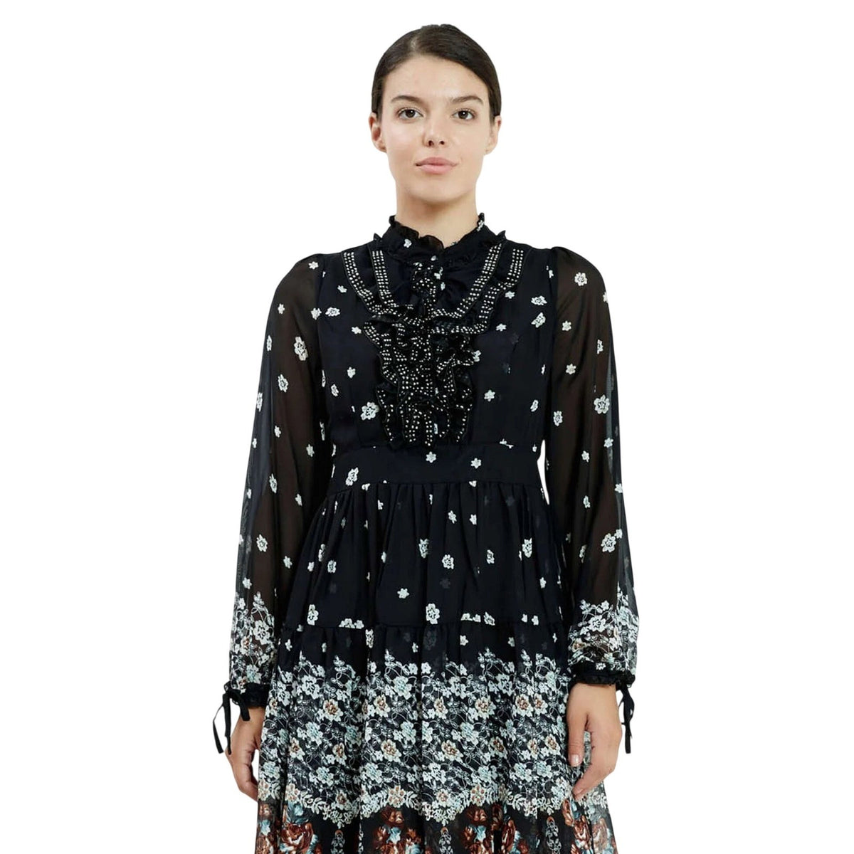 European Floral Chiffon A-Line Dress Black Ruffle Lace Trim Long Sleeve